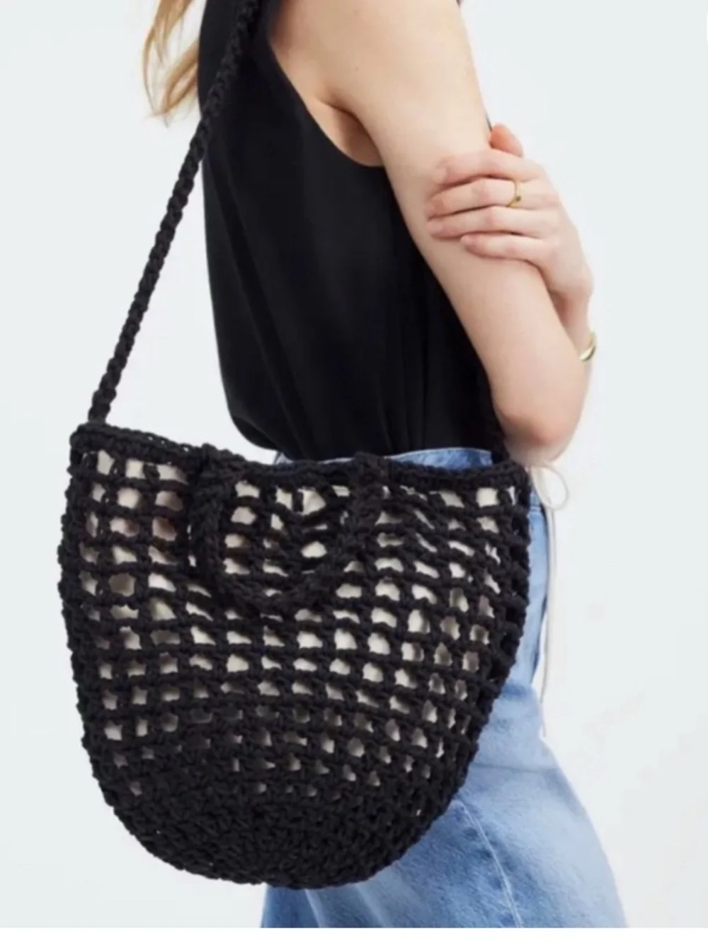 Madewell Black Crochet Tote Bag with Cream Liner
